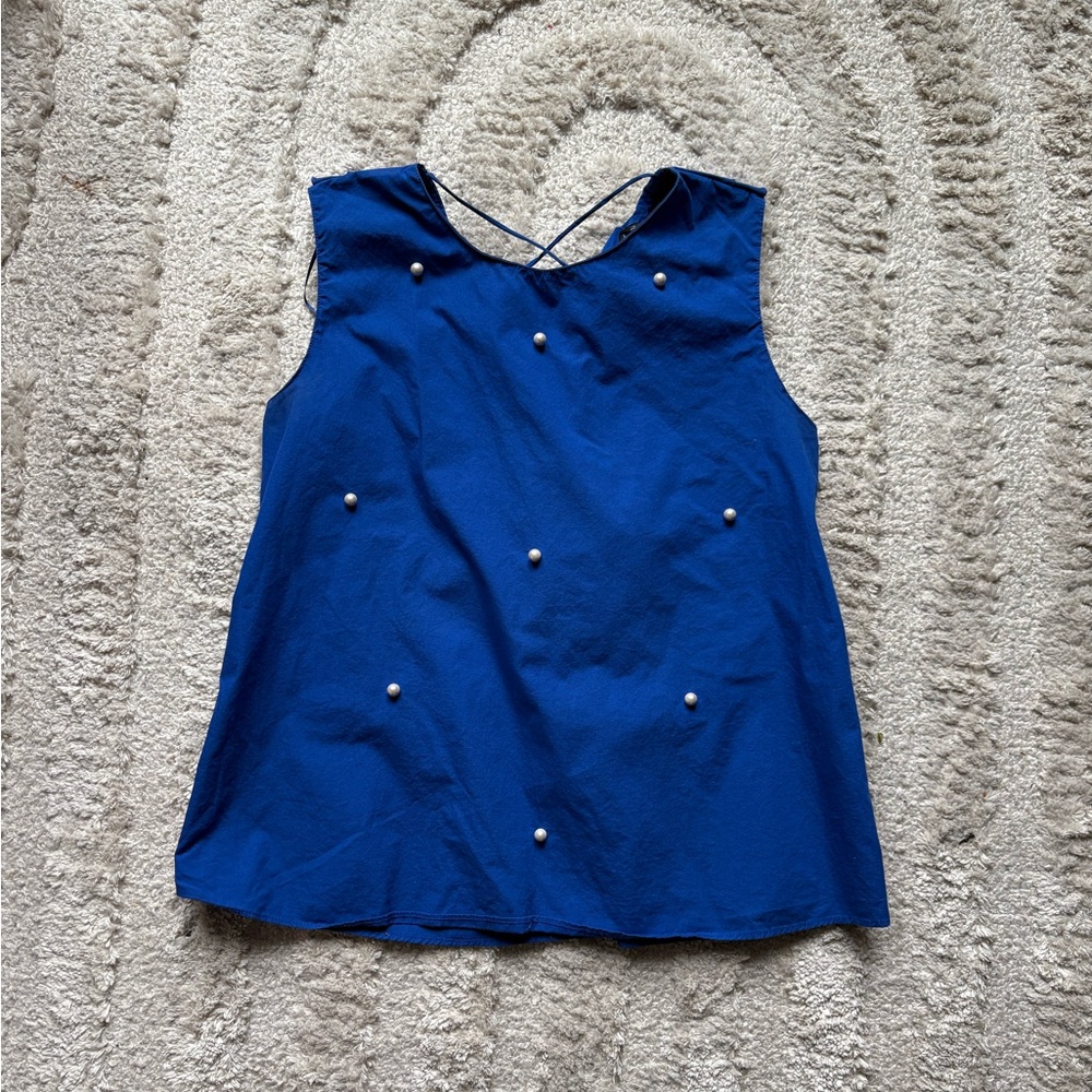 Blue Sleeveless Party Blouse with Pearl Accents
